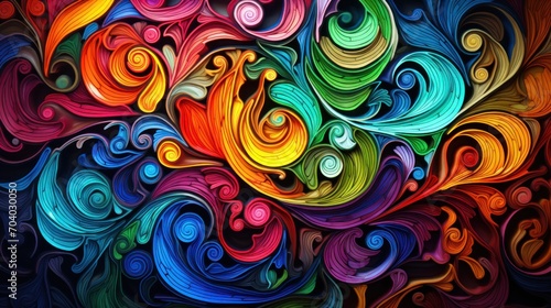  a multicolored abstract painting with swirls and bubbles on a black background with a red, yellow, blue, green, red, orange, and pink color scheme.