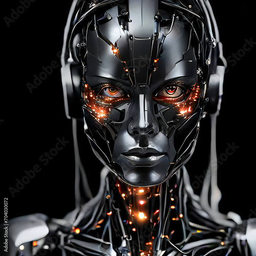 Humanoid female robot made of steel parts and cables on black background