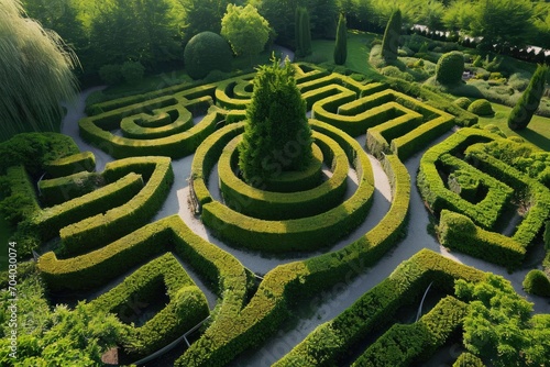 An aerial view of a maze garden with intricate pathways Symbolizing complexity and beauty in nature