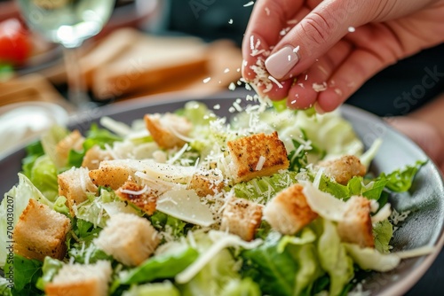 Close-up of a hand sprinkling grated cheese onto a plate with Caesar salad