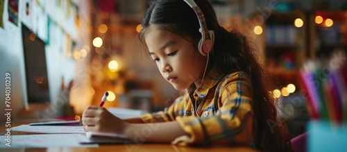 Young Asian homeschooler attends virtual online classes with a remote teacher due to COVID via internet. Teacher uses headphones and whiteboard for math lessons. photo