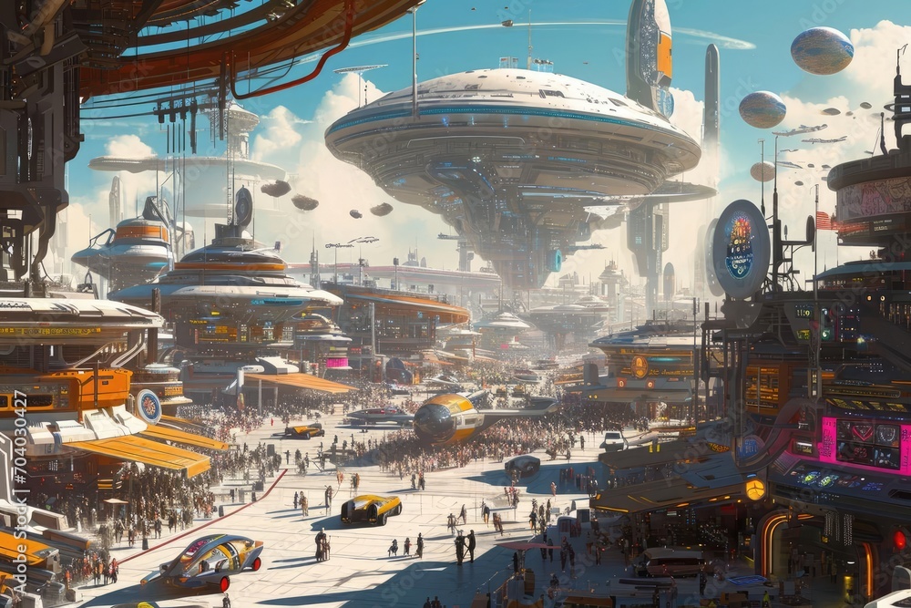 A bustling intergalactic spaceport with diverse alien species and advanced spacecraft A bustling intergalactic spaceport with diverse alien species and advanced spacecraft