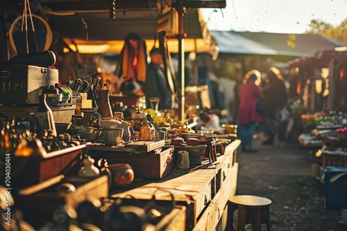 A bustling flea market scene with vintage treasures Antiques And eclectic shoppers photo
