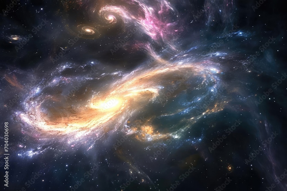 A cosmic ballet of swirling galaxies colliding in deep space Creating a mesmerizing spectacle