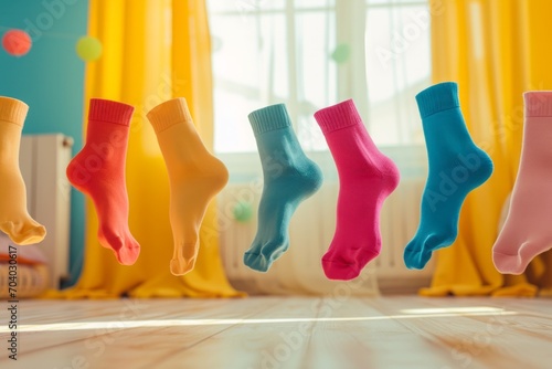 Colorful socks flying around the room on a bright background photo