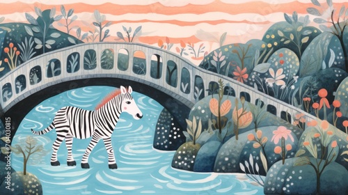  a painting of a zebra standing in the middle of a river with a bridge in the background and flowers on the other side of the bridge and a pink sky.
