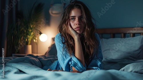 Disheveled woman in nightgown sits in bed after abrupt awakening or unpleasant dreams. Girl has problems sleeping and cannot fall asleep or is sick with sleepwalking