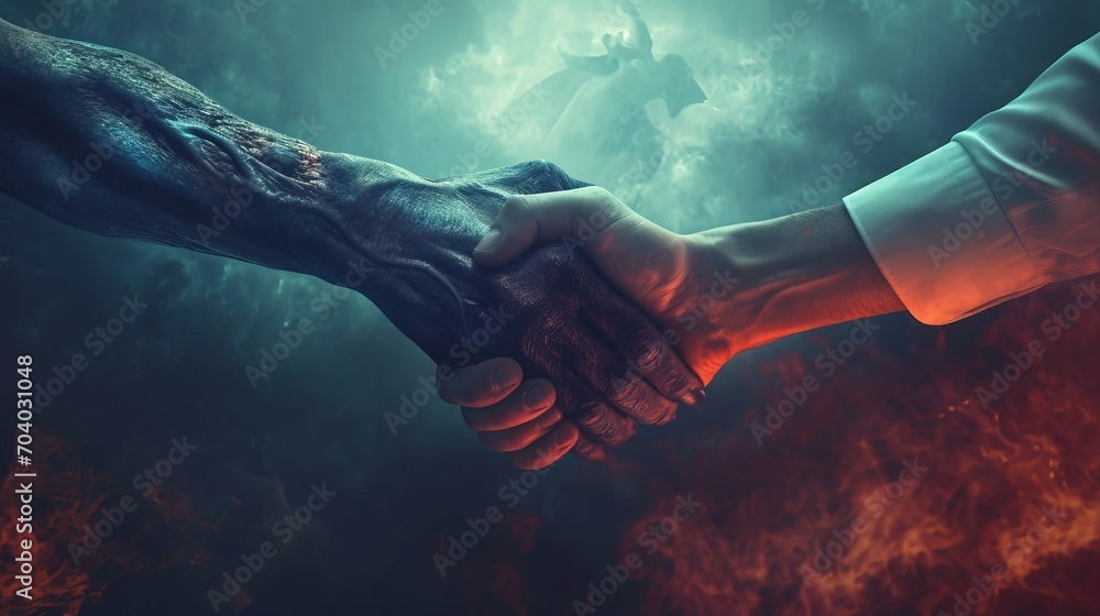 Handshake between man and devil symbolizes risky deal or dangerous business arrangement. Hand of human and demon is metaphor for bad contract or unethical way of managing company - obrazy, fototapety, plakaty 