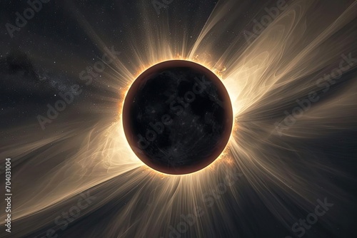 A detailed illustration of a solar eclipse with the corona visible around the darkened sun