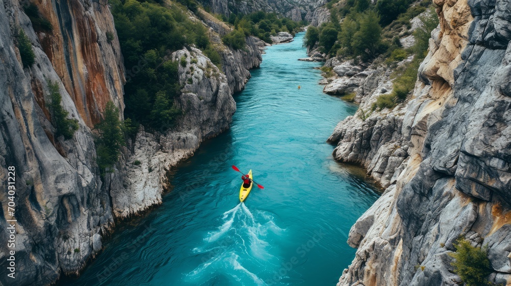 High angle view of unrecognizable people kayaking on blue narrow river flowing between rocky mountains during vacation at daytime