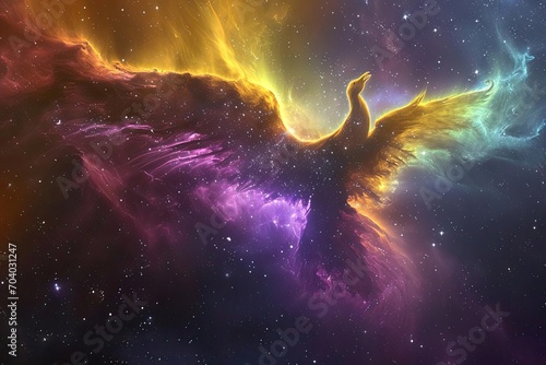 A ghostly nebula forming the shape of a phoenix With vibrant colors and a starry backdrop