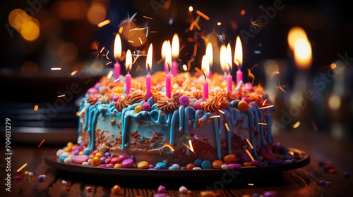 Colored birthday cake with different colored candles. Colored lights and confetti photo