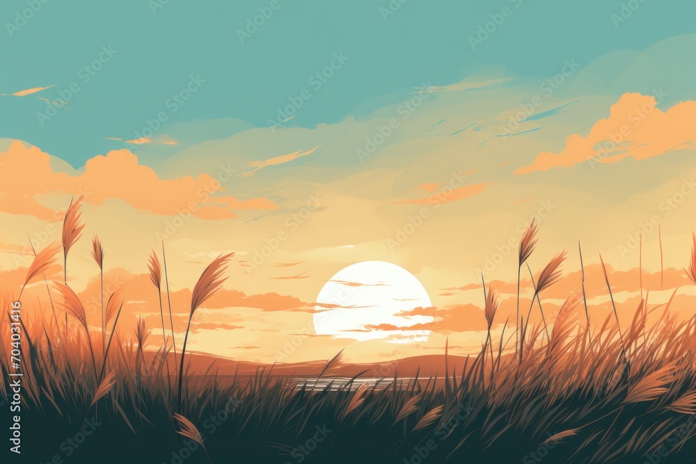 a painting of a sunset with tall grass in the foreground and a body of water in the distance with the sun setting in the middle of the sky behind.