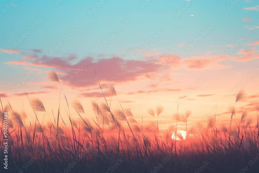  a sunset with tall grass blowing in the foreground and a bright blue sky in the background with a sun setting in the middle of the middle of the sky.