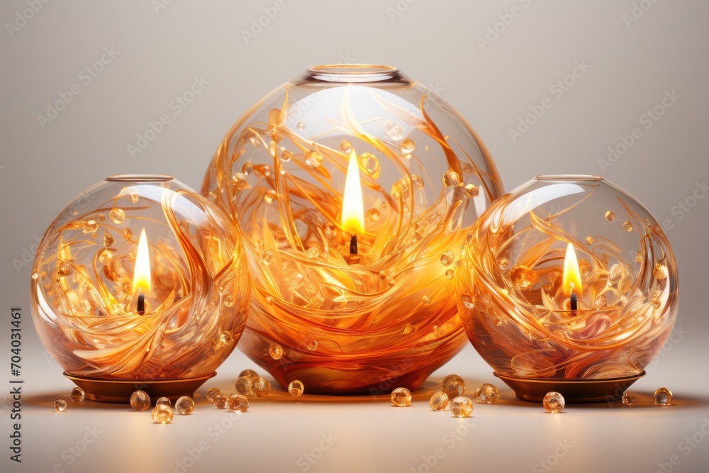 a group of three glass vases sitting next to each other on top of a table with a lit candle in the middle of the middle of the one of the vase. a group of three glass vases sitting next to each other on top of a table with a lit candle in the middle of the middle of the one of the vase.
