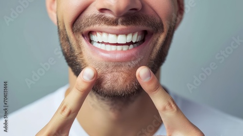 Man smiles broadly and shows off snow-white healthy teeth after going to dentist. Happy guy pointing fingers at mouth recommends good toothpaste for beaming smile photo