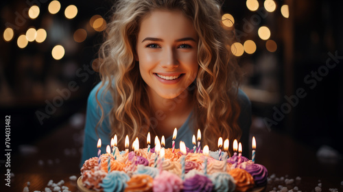 Beautiful curly girl with birthday cake with candles, soft focus background
