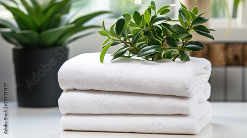  a stack of white towels sitting on top of a white table next to a potted plant on top of a white counter next to a black potted plant.