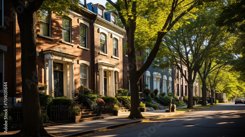A classic brick townhouse on a tree-lined street in a historic city neighborhood. photo