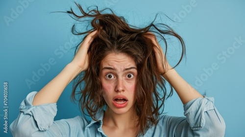 Shocked woman tearing hair on head due to depression or lot of stress suffering from mental disorder. Girl nervous after seeing untidy hairstyle needing to go to hairdresser