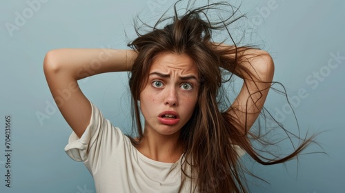 Shocked woman tearing hair on head due to depression or lot of stress suffering from mental disorder. Girl nervous after seeing untidy hairstyle needing to go to hairdresser
