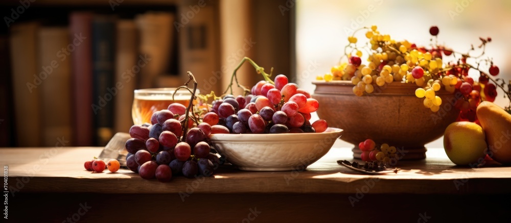 Selective focus on table with book and wooden bowl filled with seasonal fruit. Selective focus on table with book and wooden bowl filled with seasonal fruit.