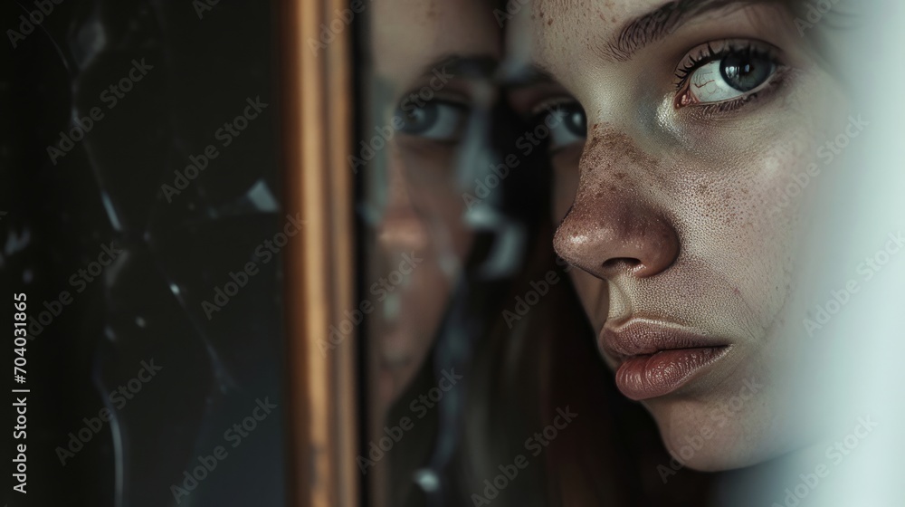 Unhappy woman with black eye looks in mirror or out window. Girl suffers after getting bruise from domestic violence and needs help and support of friends or psychotherapist - obrazy, fototapety, plakaty 