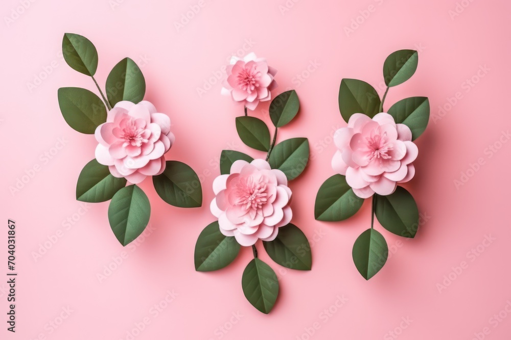  three pink flowers with green leaves on a pink background, top view,