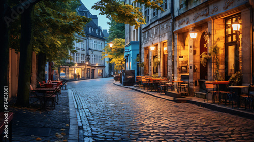 A classic European city street with historic buildings cobblestone roads and quaint cafes.
