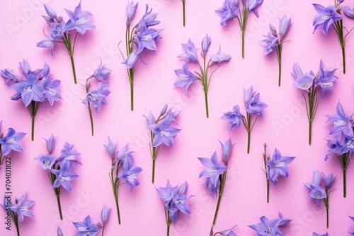  a bunch of purple flowers laying on top of a pink surface with one flower in the middle of the picture and the other in the middle of the flowers in the middle of the frame.
