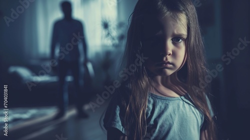 Unhappy little girl standing near man figure ghost feeling mad and furious. Sad small child cry suffer from domestic violence