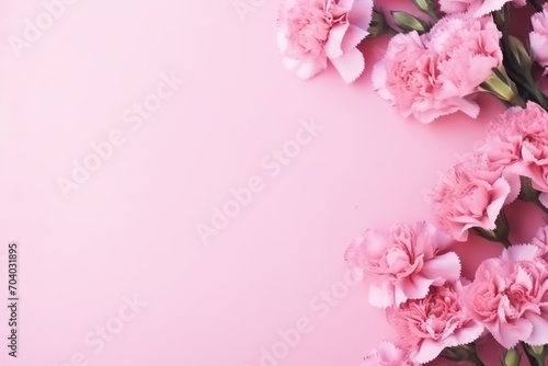  a bunch of pink carnations on a pink background with space for a text or an image with a place for a text on the left side of the image. © Shanti