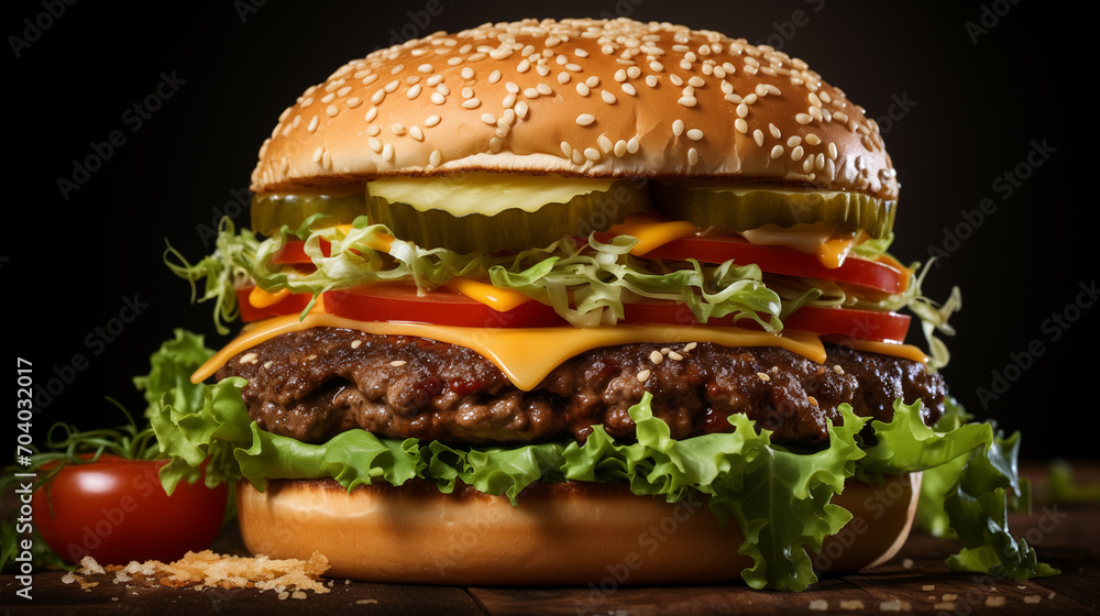 Big tasty hamburger on the wooden board, soft focus background Big tasty hamburger on the wooden board, soft focus background