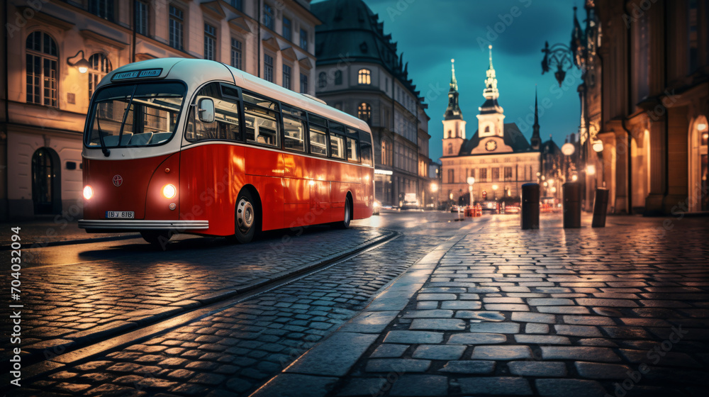 A classic red double-decker bus and a sleek futuristic car sharing a cobbled street in a historic European city.