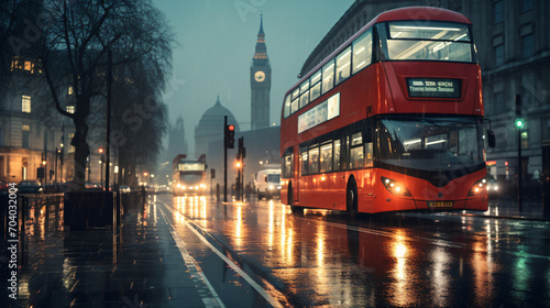 A classic London double-decker bus and an iconic British taxi on a rain-slicked city street evoking a typical London scene.