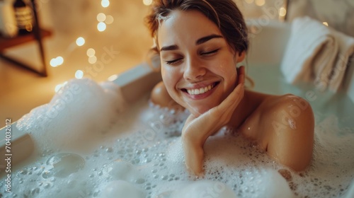 Young woman enjoys rubbing hand with washcloth bathing and relaxing after hard day at work. Optimistic girl lies in bath among foam and soap bubbles and smiles