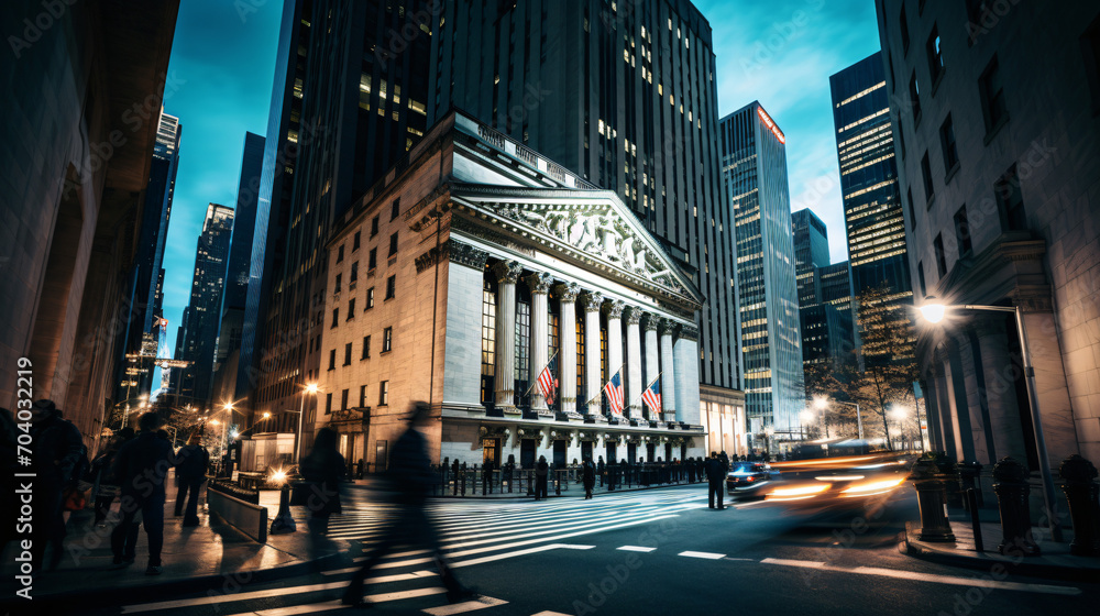 A classic Wall Street scene with historic buildings bustling crowds and financial institutions.