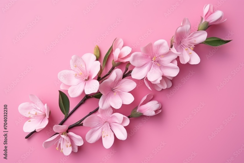  a branch of pink flowers with green leaves on a pink background, top view, flat lay, copy - up, copy - up, copy - space for text.