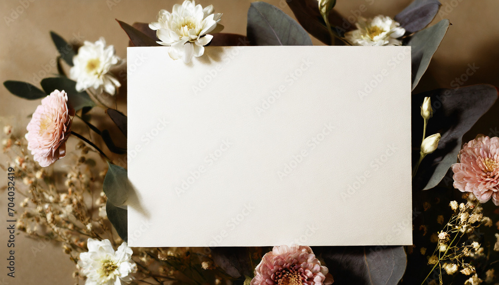 Invitation card mockup adorned with natural flowers, offering a minimalist template for various occasions