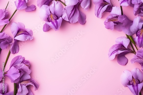  purple flowers on a pink background with a place for a text or an image to put on a card or save it for a loved someone s birthday or other special occasion.