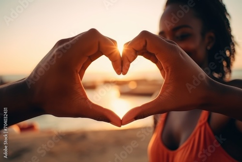 Black History Month, Two young african american people holding hands in shape of heart, love, peace and unity. African man and woman showing heart-shaped hand gesture, affection and togetherness photo