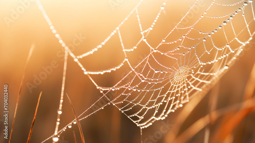 A close-up of a dew-covered spider web in the early morning light.