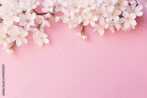  white flowers on a pink background with a place for a text or an image of a branch of white flowers on a pink background with a place for text ornament.