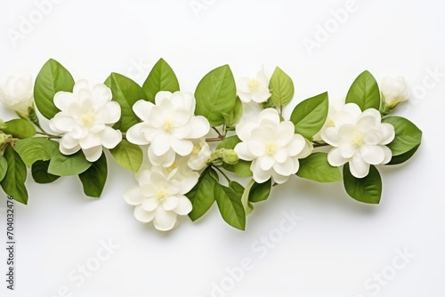  a bunch of white flowers with green leaves on a white background with a place for a text or an image to put on a greeting card or for a special occasion.