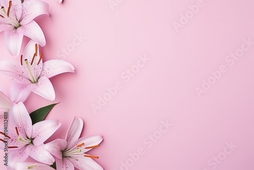  pink lilies on a pink background with a place for a text or a picture to put on a card or save it for a loved one or for a loved one.