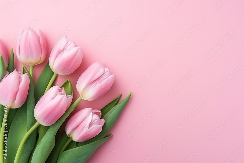  a bouquet of pink tulips with green leaves on a pink background, top view, flat layed on a pink surface, with copy space for text.