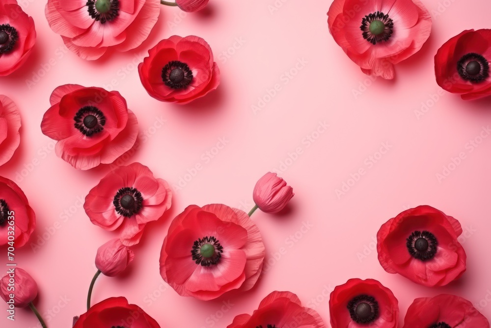 a group of red poppies on a pink background with a black center and a black center in the middle of the poppies is surrounded by smaller red flowers. a group of red poppies on a pink background with a black center and a black center in the middle of the poppies is surrounded by smaller red flowers.