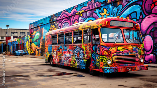 A colorful graffiti-covered bus and a vibrant art car in an urban art distric...