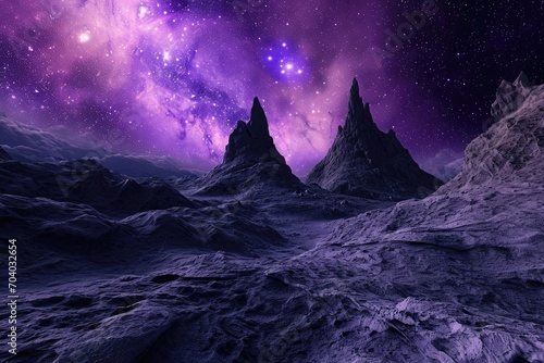 A surreal landscape with gravity-defying rock formations and a purple nebulous sky