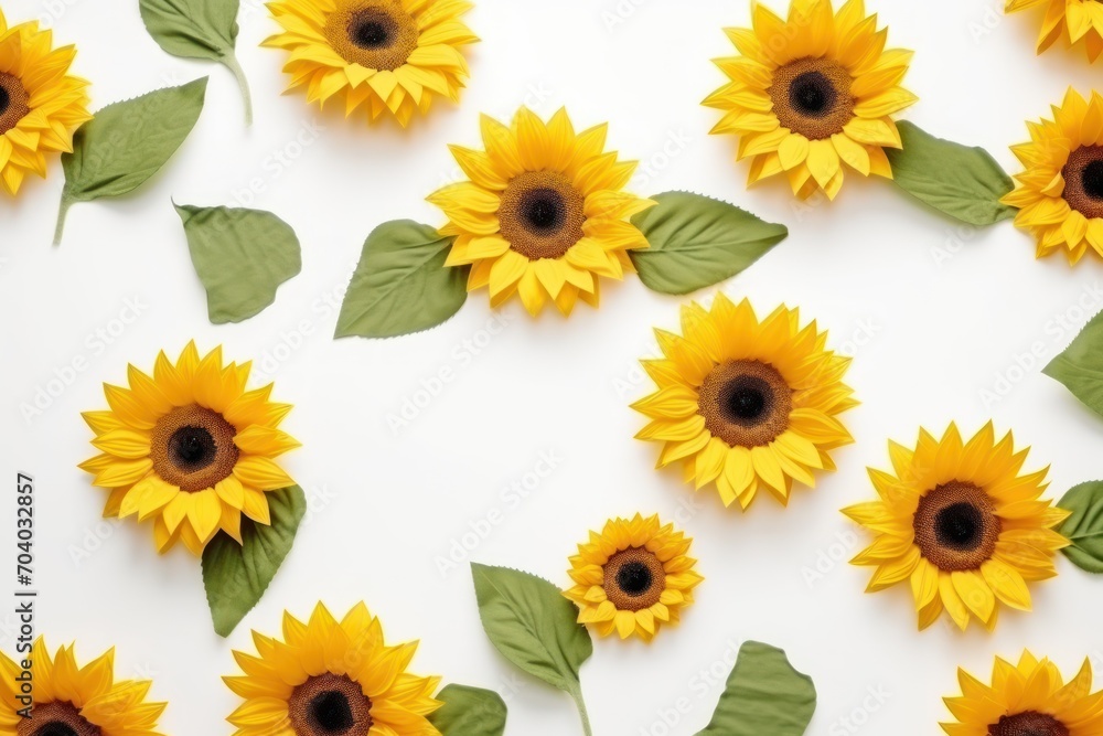 a group of yellow sunflowers with green leaves on a white background with space for a text or an image with a place for a place for your own text. a group of yellow sunflowers with green leaves on a white background with space for a text or an image with a place for a place for your own text.